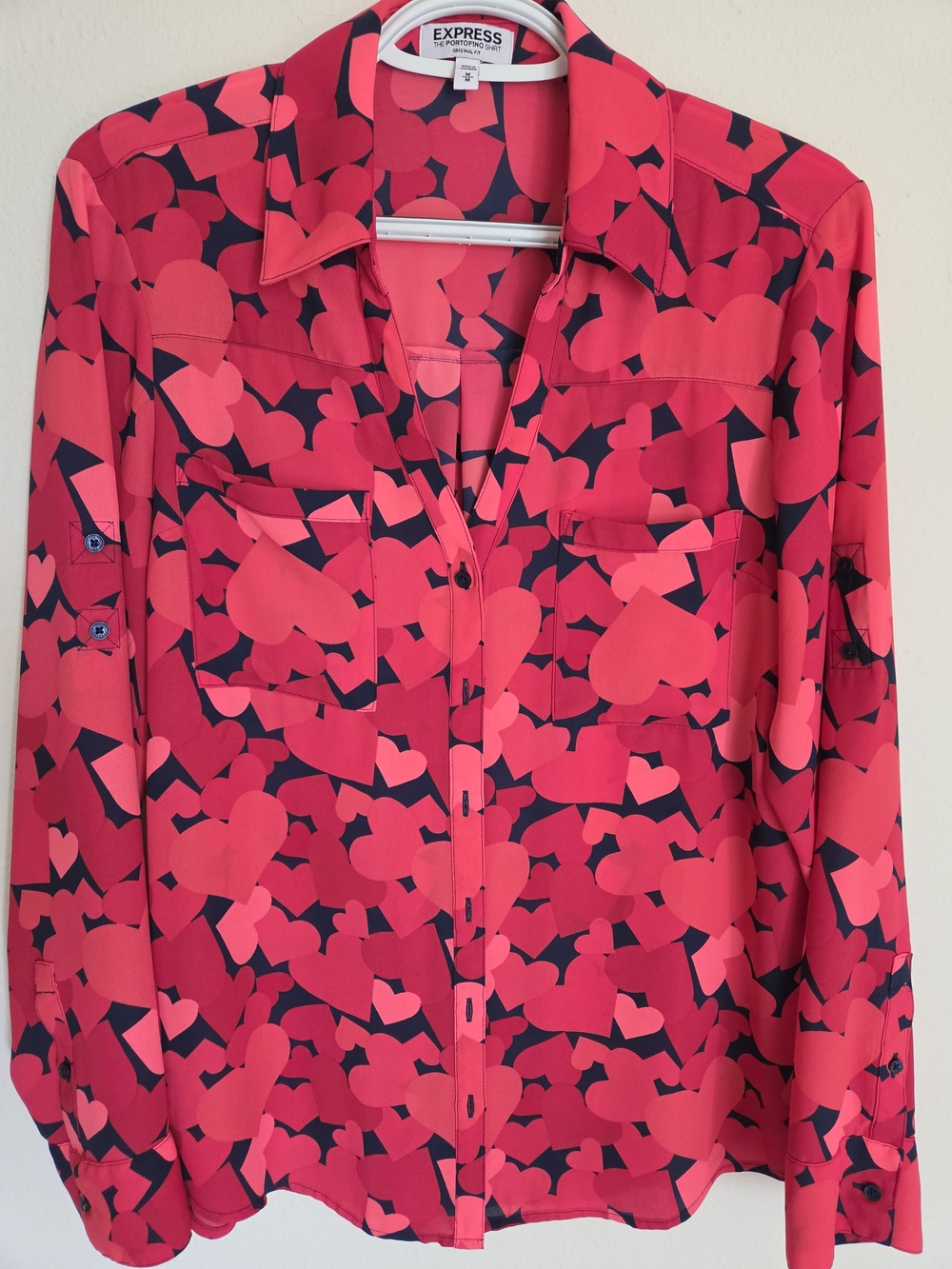 RARE Express Red and Navy Heart-Print Button-Down Blouse